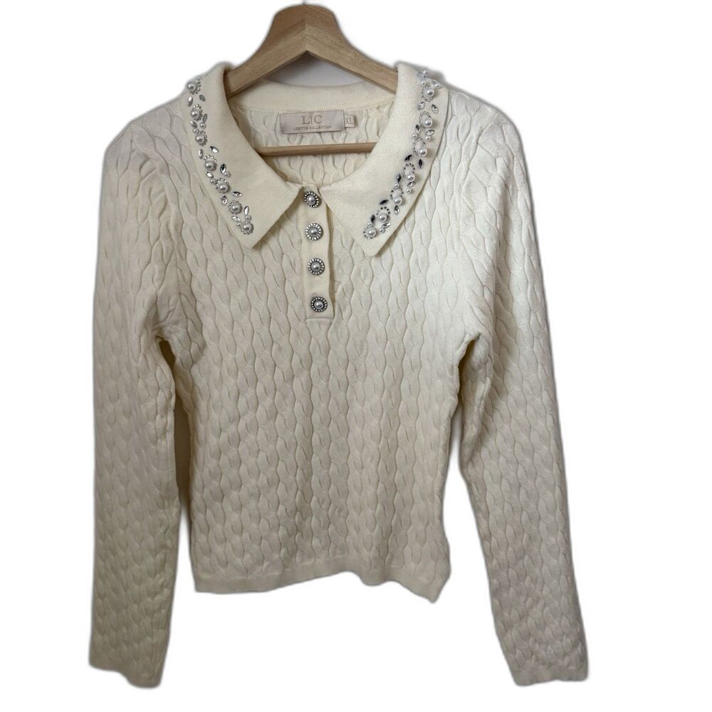 Lizette Collection Cable knit Sweater Rhinestone Beading Crop Preppy Career XL
